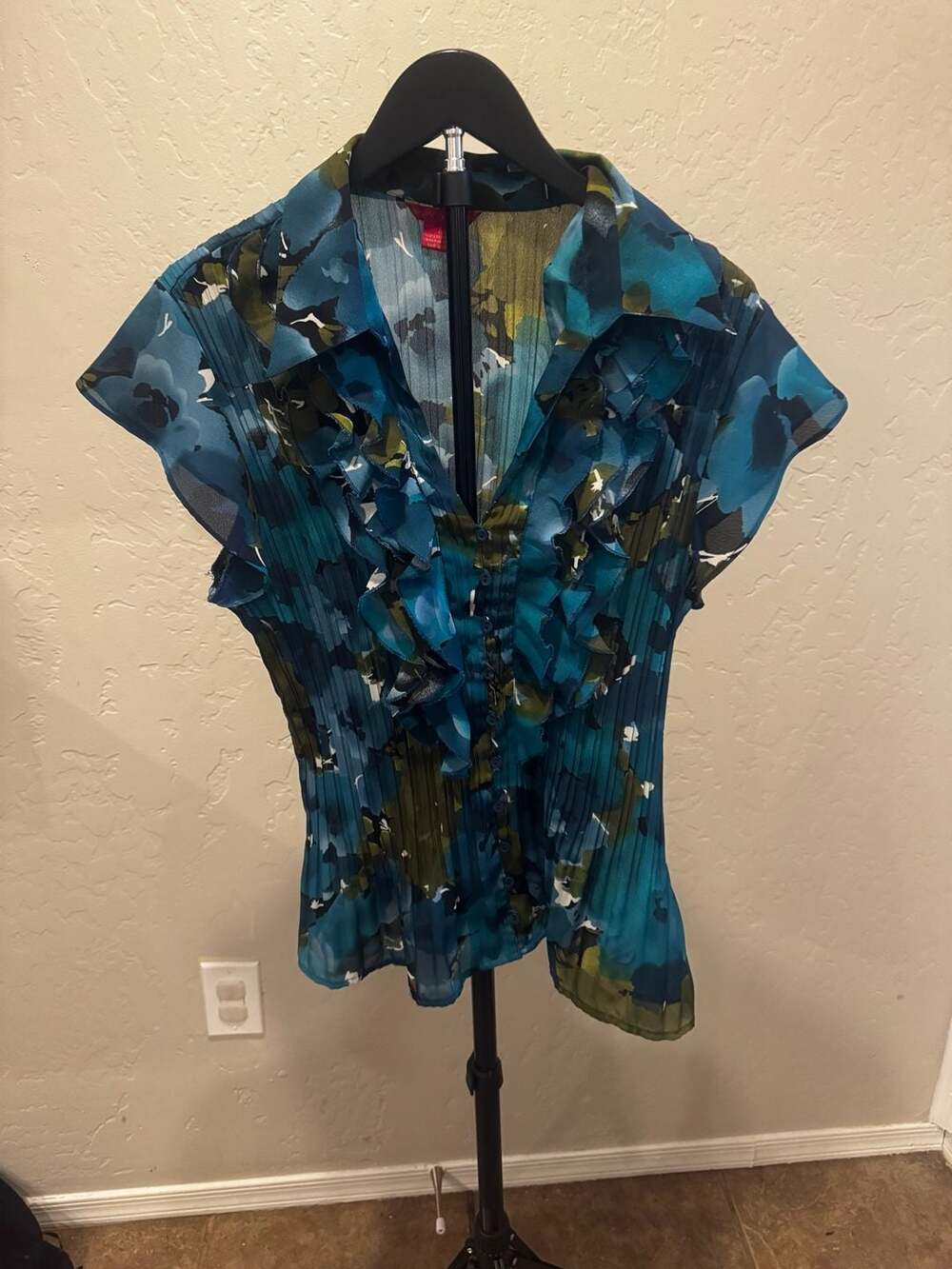 Sunny Leigh Y2K Blue and Green Floral Pleated Ruffle Button Down Blouse Size XL